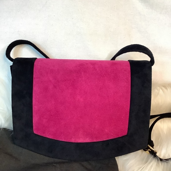 YSL Yves Saint Laurent Suede Fuschia & Black Studded with stones Shoulder bag - Picture 4 of 13